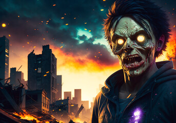 Scary zombie man on the background of the city, zombie Apocalypse. Halloween concept. Generative AI