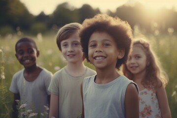 a group of children of different nationalities run on the grass against the backdrop of a park and greenery. generative ai