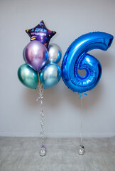 Wall Mural - a set of chrome birthday balloons and a blue number 6, the inscription: 