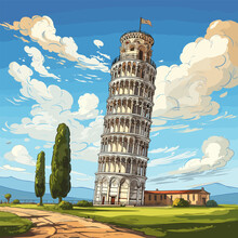 Leaning Tower Of Pisa Hand-drawn Comic Illustration. Leaning Tower Of Pisa. Vector Doodle Style Cartoon Illustration