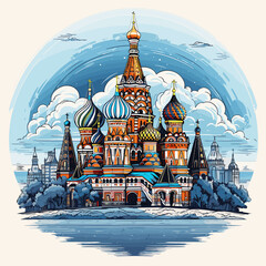 Sticker - Saint Basil's Cathedral hand-drawn comic illustration. Cathedral of Vasily the Blessed. Vector doodle style cartoon illustration