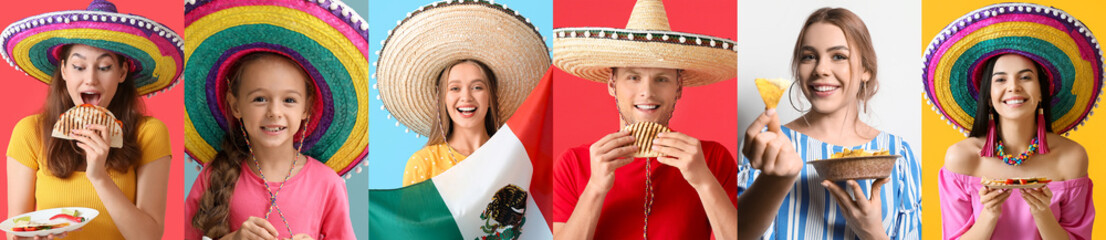 Wall Mural - Collage of Mexican people with traditional food and flag on color background