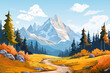 Beautiful autumn mountain landscape, vector illustration. Amazing landscape of snowy mountains and forest. Beautiful landscape for print, flyer, background. Travel concept.