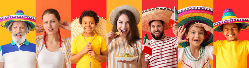 Poster - Collage of Mexican people with traditional food, sombrero hats and flags on color background