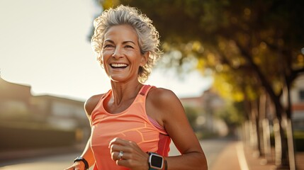 generative Ai.seniorLatin woman. she's running outside on sunny day. solf light and bokeh style. she's 55 year old, beautiful eyes and healthy. she's smiling in Sport wear, smart watch and sunglasses.