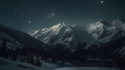 Stars over a snow covered mountains.
