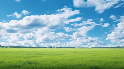 Panoramic natural landscape with green grass field, blue sky with clouds and and mountains in background. Panorama summer spring meadow. Shallow depth of field