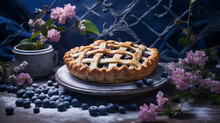 Gorgeous Baked Blueberry Pie With Lattice Design, Blueberry Decorations And Flower Decorations On Moody Blue Vintage Backdrop - Studio Lighting Effect On Dark Background - Generative AI