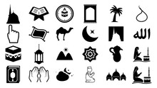 Islamic Icons Mosques, Camel, Qurran, Moon, Palm, Editable And Resizable Vector Icons, White Background, PNG , Copy Space.  Editable And Resizable Vector Icons, White Background, PNG , Copy Space. 