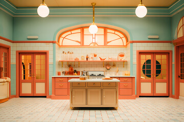 Generative AI. visual style in orange and blue colors kitchen with wardrobe in retro style. vintage aesthetics of the 60s