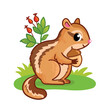 Cute chipmunk stands on a green summer meadow and holds a nut in its paws. Vector illustration with animal.