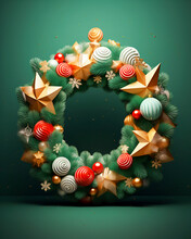 Generative AI,Christmas Wreath In Green And Red Colors With Ball And Stars.Merry Christmas And Happy New Year Background.Greeting Card. Smooth Shape