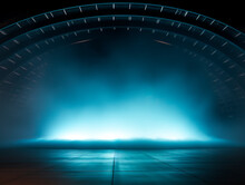 Tunnel Empty Stage Background With Blue Grey Fog And Concrete Floor, Mockup. Generative AI