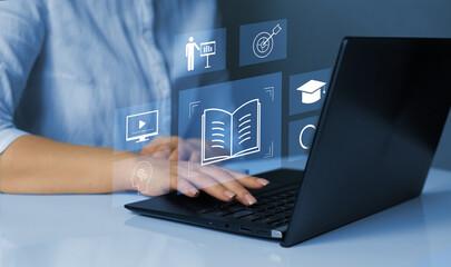 Wall Mural - e-learning education, internet lessons and online webinar. person who attends online lessons on a di