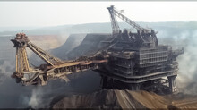 Giant Bucket Wheel Excavator In Coal Mine, Huge Coal Mining Coal Machine Under Cloudy Sky. Open Pit Mine Industry.