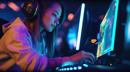 Professional gamer girl plays video games on RGB pc