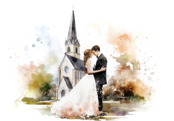 Wall Mural - Watercolor Groom and Bride in Front of Church Isolated on White, wedding background