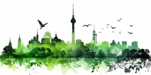 Green Silhouette Of Berlin Skyline Celebrating Green Energy And Iconic Landmarks In Beautiful Watercolor Style