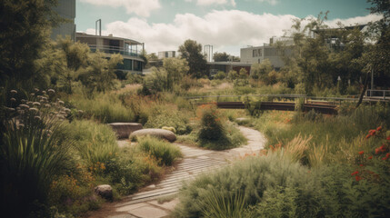 Wall Mural - sustainable and green community, with walking paths and gardens.