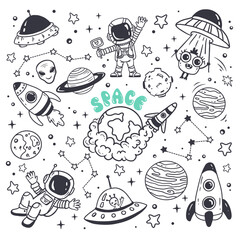 Wall Mural - set of cosmos in doodle style: astronaut, planets, stars, rocket and alien, monster, ufo for design.