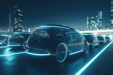 Futuristic and electric vehicles with glowing elements on a city highway with autonomous self-driving system. 