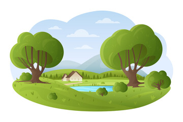 Wall Mural - Cartoon cute nature scene with flowers on green trees and grass, blue sky and water of pond, scenic village road to countryside house and mountain on horizon. Summer lake landscape vector illustration