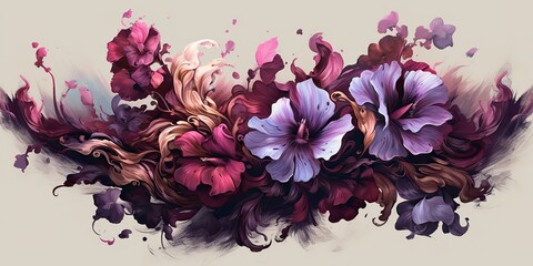 Wall Mural - AI Generated. AI Generative. Beautiful decorative blossom bloom botanical floral pink purple flowers watercolor on white background canvas view paint