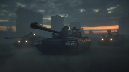 Tanks among the destroyed city. The invasion of tank equipment on someone else's territory. 3d illustration