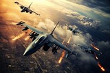 Fighter jets flying in a military combat zone. Bomber plane with contrails. Active war zone in the sky.