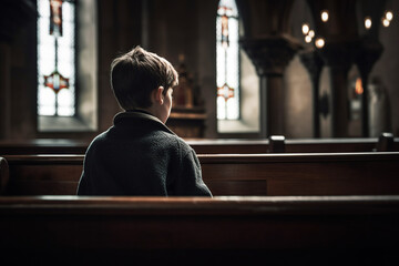 A young boy sitting inside the church, back view. Generative AI.