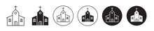 Old Church Building Vector Icon Set With Cross Sign. Christian Wedding Church Web Pictogram. 