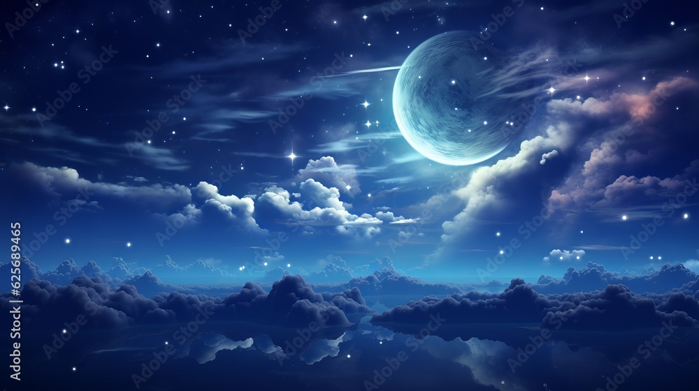 Beautiful magic blue night sky with clouds and fullmoon and stars ...