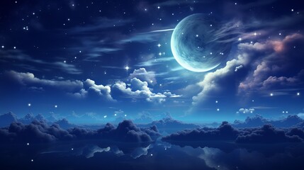 Beautiful magic blue night sky with clouds and fullmoon and stars Generative AI