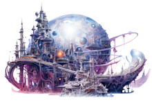 Abstract Futuristic Fantasy Island Isolated On A Transparent Background, Generative Ai