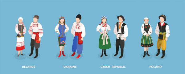 3D Isometric Flat Vector Set of Europeam Tradition Clothes, Belarus, Ukraine, Czech Republic, Poland