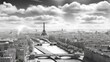 Black and white panoramic view of the Paris skyline, Generative AI.