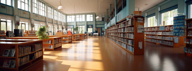 panoramic view of bright and spacious library filled with books and natural light, empty, space to learn banner, AI