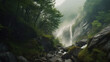 View of waterfall and green trees in mountains covered by fog.
