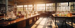 © THINGDSGN - well-equipped laboratory interior with an array of glassware on the counter, empty chemie lab in the early morning, orange light, sunset ambiance, ready for scientific experiments, AI