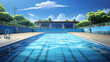 Illustration of a spacious outdoor swimming pool with a clear blue sky as the backdrop, school sports, time for kids, back to school sport banner AI