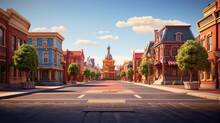 City Street With A Picturesque Clock Tower In The Distance, Sunset Atmosphere, Empty Cartoon Wallpaper, AI