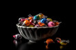 a close up of A bowl of Halloween candy on a shiny surface with a black background AI generated art, Generative AI, illustration,