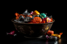 A Close Up Of A Bowl Of Halloween Candy On A Shiny Surface With A Black Background AI Generated Art, Generative AI, Illustration,
