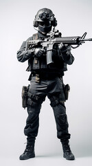 Wall Mural - special force army with full gear posing in front of white background. full body shoot. US army, tactical gear.