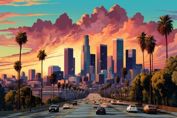 Vibrant pop art cityscape of Los Angeles, Generative AI