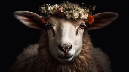 Wall Mural - Portrait of sheep with flowers on the head. Generative AI