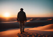 unerkannter mann person mensch läuft auf einer sanddüüne dünne düne in der wüste im abendrot der sonne entgegen 1001 nacht  fiktiv generative ki