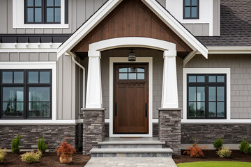 Wall Mural - Main entrance door in house. Wooden front door with gabled porch and landing. Exterior of georgian style home cottage with columns and stone cladding. Created with generative Ai