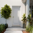 Main entrance door. White front door with landing in minimalist style home cottage house. Created with generative Ai