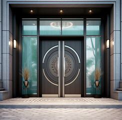 Wall Mural - Main entrance door. Black front door framed with glass in luxury house . Created with generative Ai